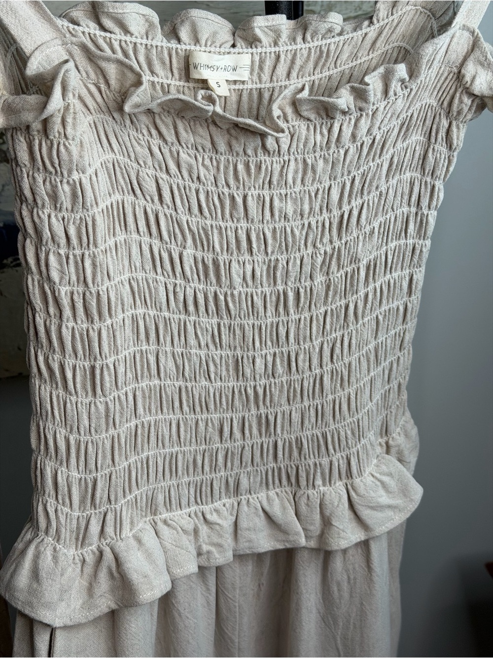 Whimsy + Row Neutral Smocked Ruffle-Neck Jumpsuit - Picture 6 of 9